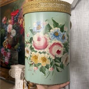 Antique French Tole Painted Flowers Wastebasket